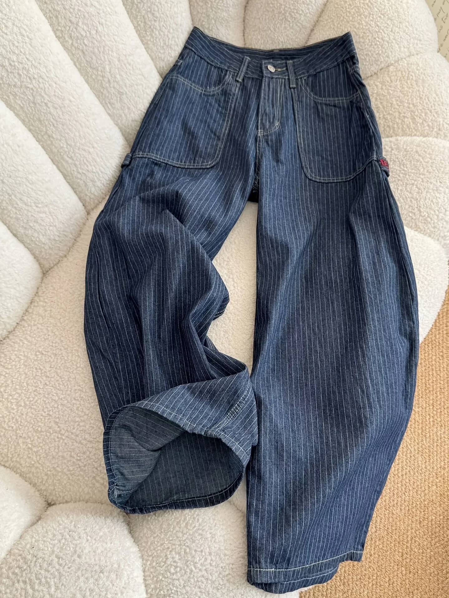 Vintage Wide Leg Cargo Jeans Vertical Stripe Multi-Pocket Loose Fit Floor Length Bell Bottom Pants for Outdoor Casual Wear