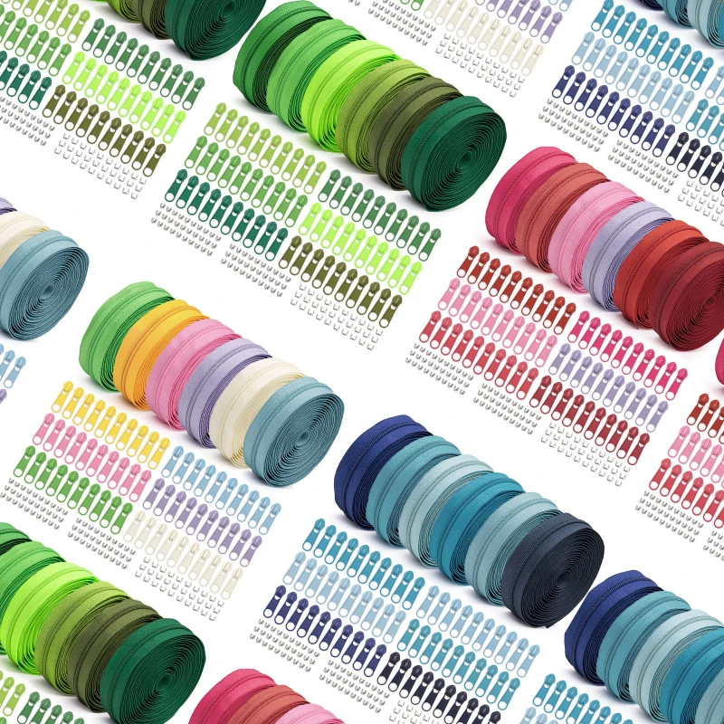 No. 5 nylon set (6-color zippers (size 5) with 60 zipper heads (10 per color), 60 top stops, 30 bottom stops)