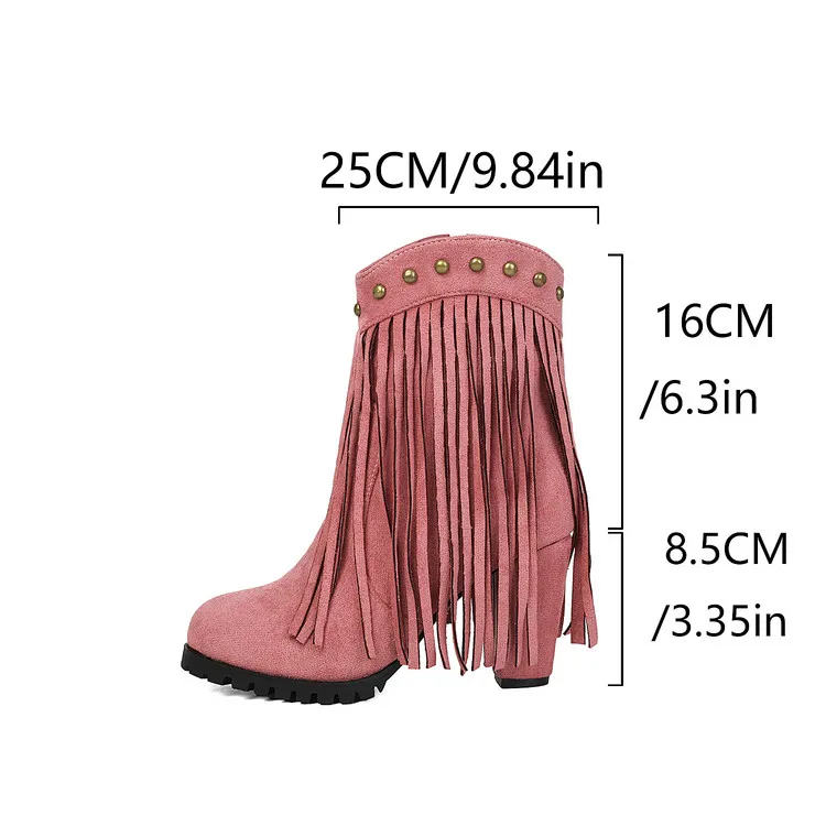 Women Western Fringe Ankle Boots Rivet Decor Round Toe Block Heel Side Zipper Suede PU Thick Sole Non Slip Cowboy Boots F657