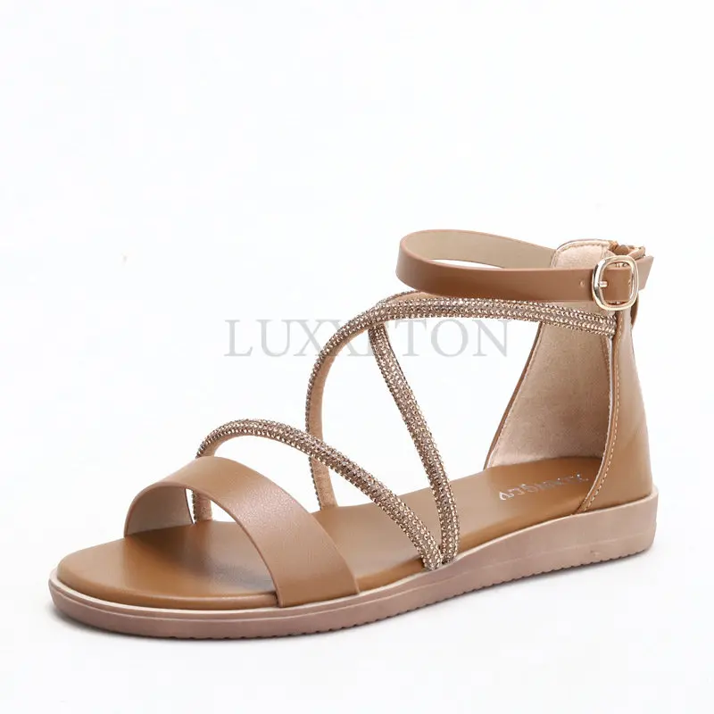 Leather Women Sandals Summer Flats Shoes Casual Flip Flops Gladiator Sandal Comfortable Cross Strap Beach Shoes Ladies