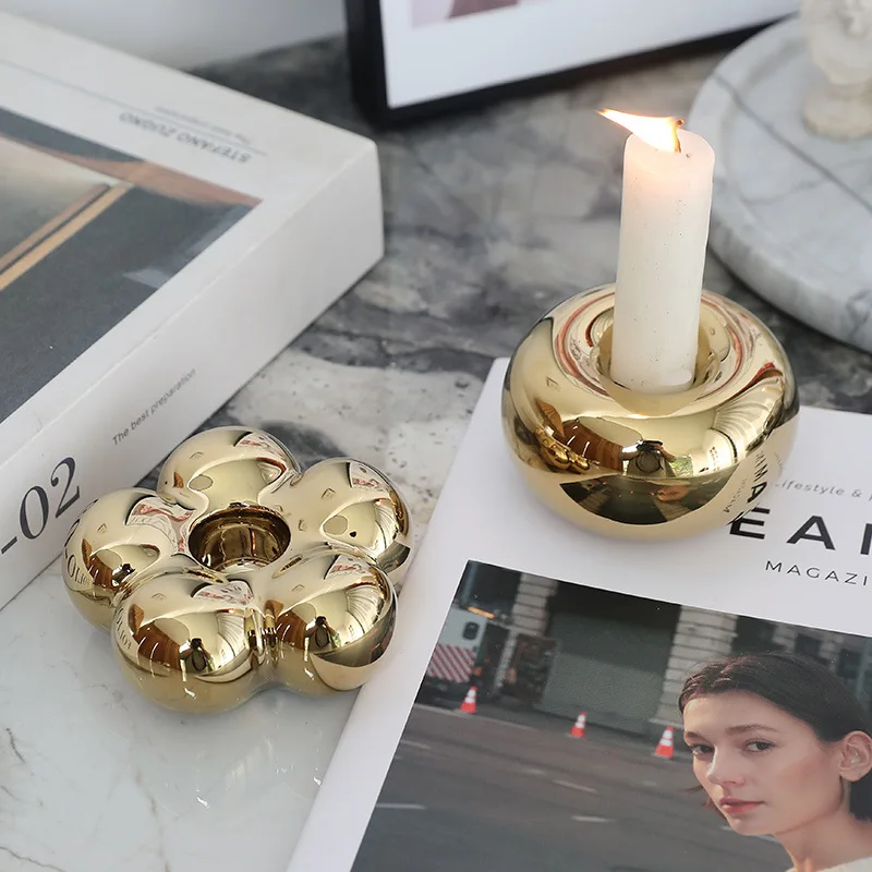 Nordic  Electroplating Silver Ceramic Flower Candle Candlestick Ornaments Shooting Props Romantic  Art Soft Dinner Decorations