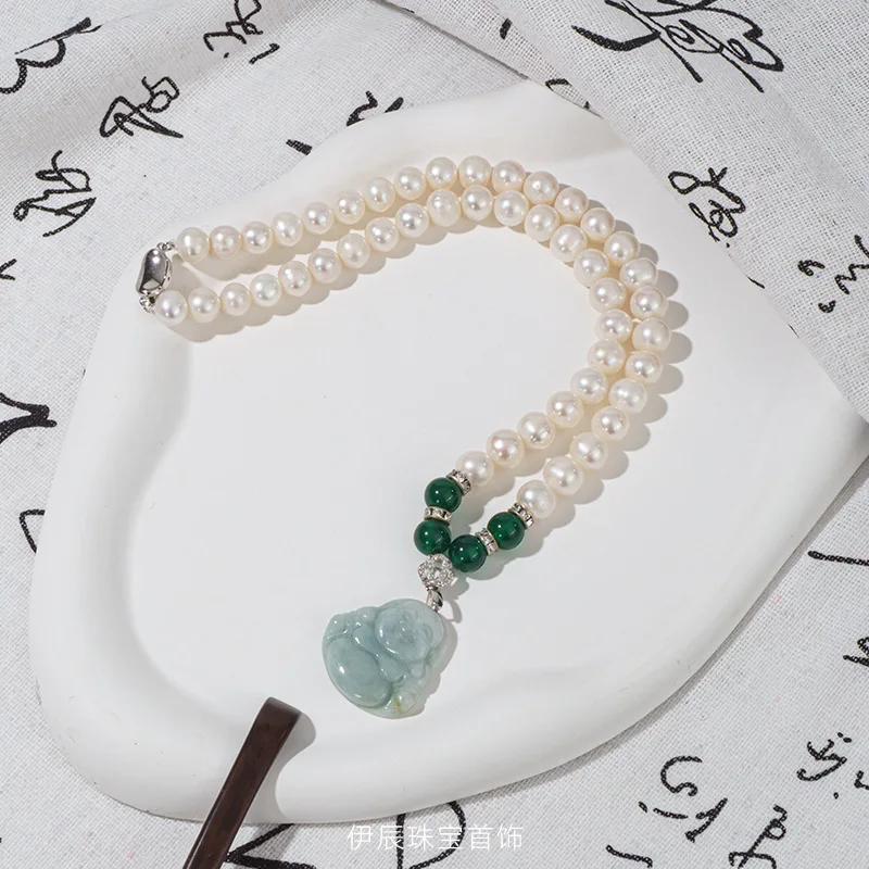 Natural Freshwater Seedless Pearl Necklace Jade Maitreya Buddha Pendant