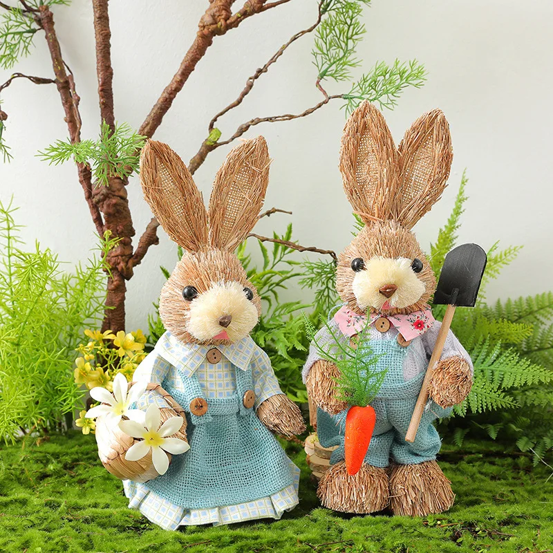 Easter Rabbit Decoration Bunny Figure Cattail Craft Ornament Home Holiday Cute Bunny Home Decoration Easter Rabbit Decoration