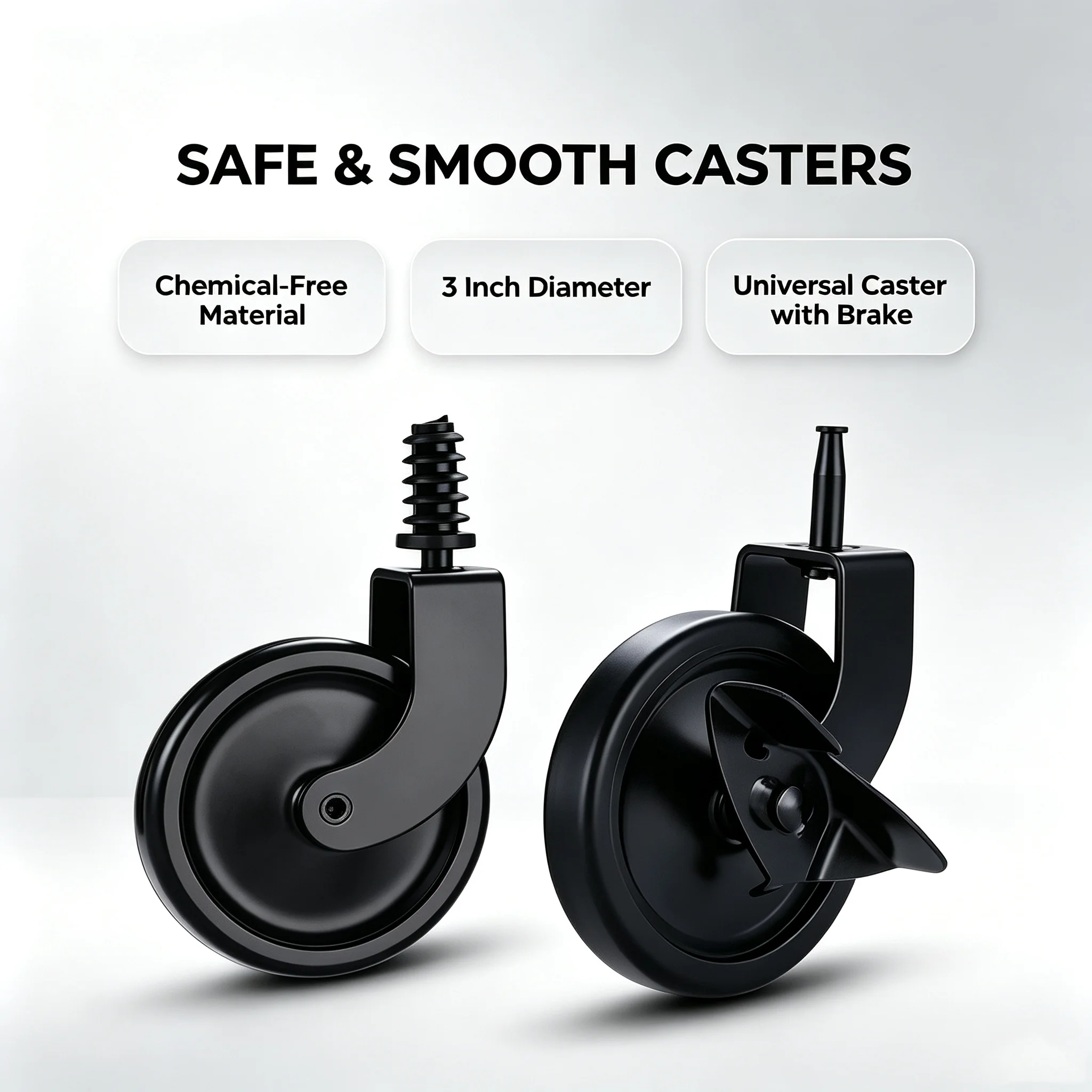 4 Pcs 3 Inch Black Universal Caster Wheels with Brake Swivel Casters for Furniture Cabinet Kitchen Trolley Dining Cart PP round