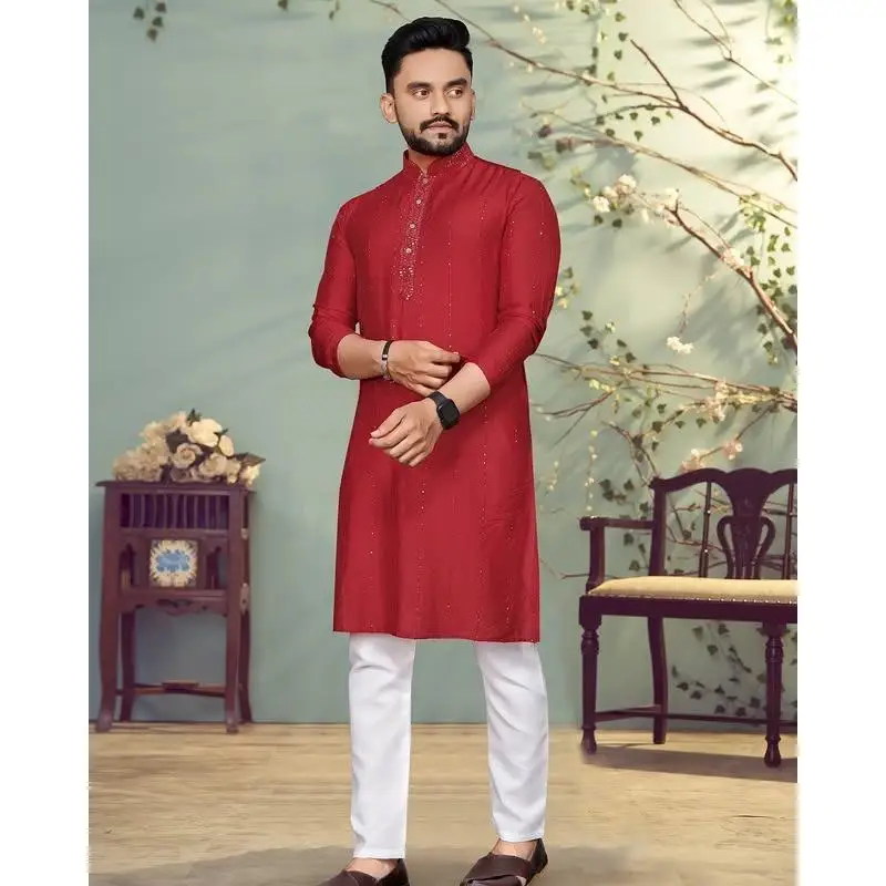 2025 Uomo Stampa digitale Kurta Vardha Regular Fit Colletto alla coreana Lungo Adatto a tutte le occasioni Such Wedding Hari Raya Aidilfitri