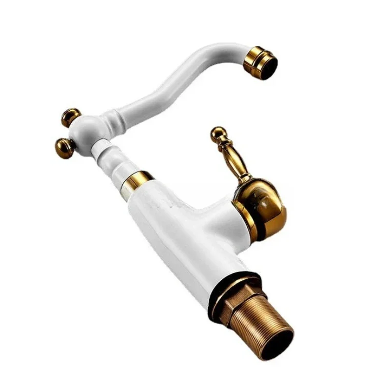 

European style simple rotatable white basin hot and cold faucet, painted brass kitchen sink single hole faucet