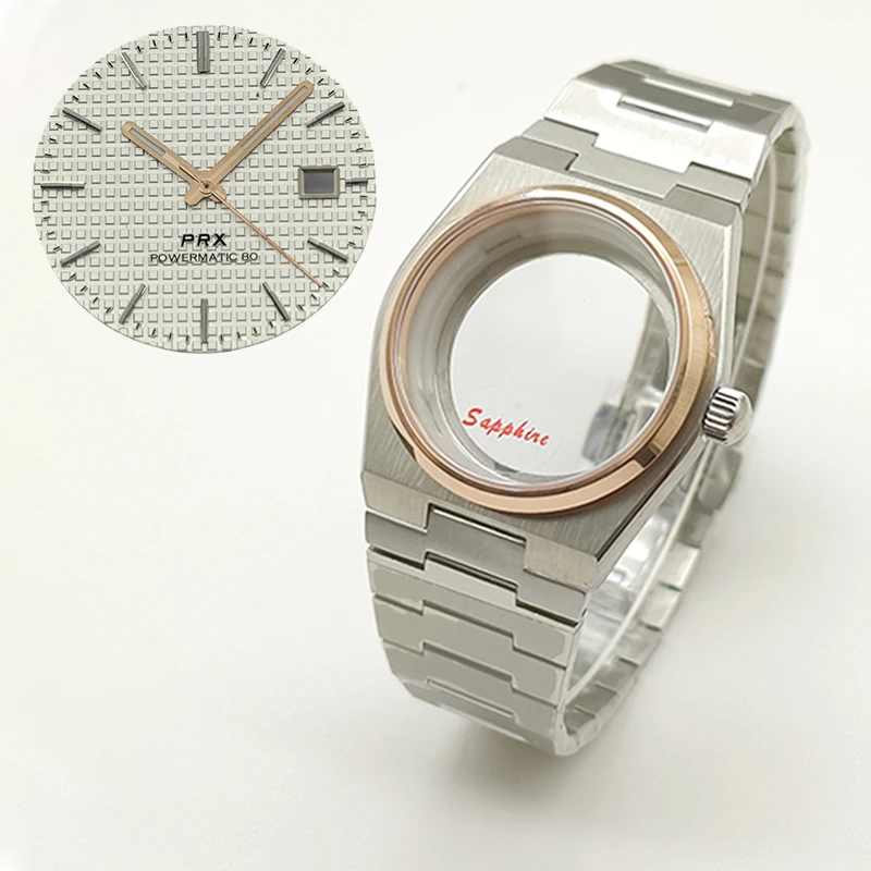 Obudowa zegarka 40mm w kolorze różowego złota PRX Super Player, szkło szafirowe, do mechanizmów NH35, NH36, NH38, 7S26, 4R, wielokolorowa tarcza, wskazówki, części zamienne do tuningu.