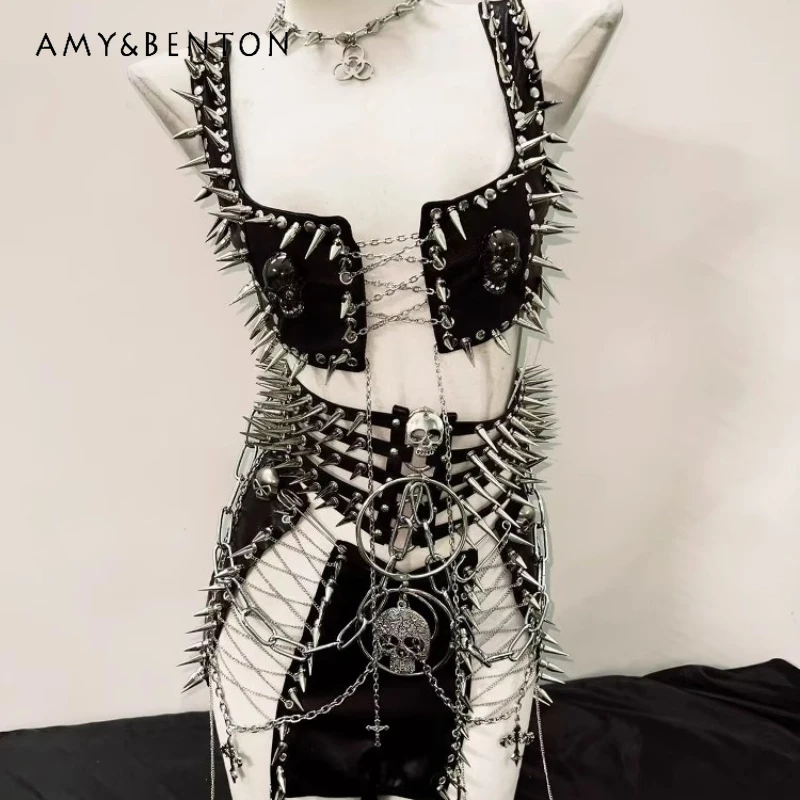 

2025 Summer New Punk Hot Girl Rivet Women's Sling Tube Top Original Design Black Rivet Waist Chain Sexy Short Skirt Suit Ladies
