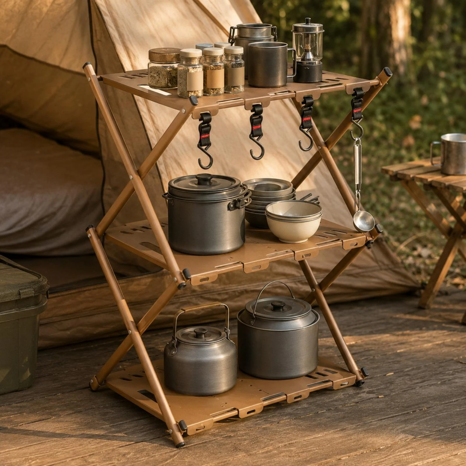 Tiered Shelf Design Foldable Rack Exterior with Hooks Compact Storage Space Saving Storage Furniture for Outdoor Setup