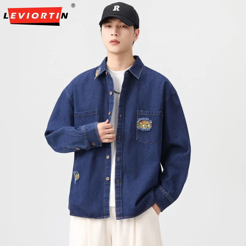 

2025 весенне-осенняя модная мужская ковбойская рубашка с длинным рукавом в японском стиле ретро, свободная и универсальная лоскутная модная брендовая рубашка