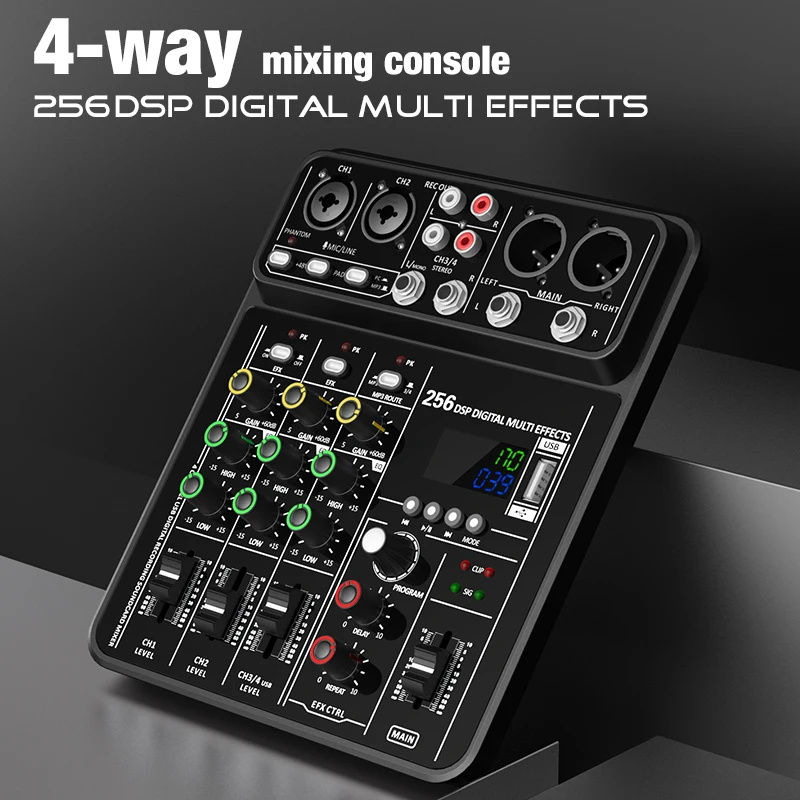 4 Channel  Audio Mixer 48V Phantom Power USB Studio Sound Mixers Bluetooth DJ Console Mixing for Karaok