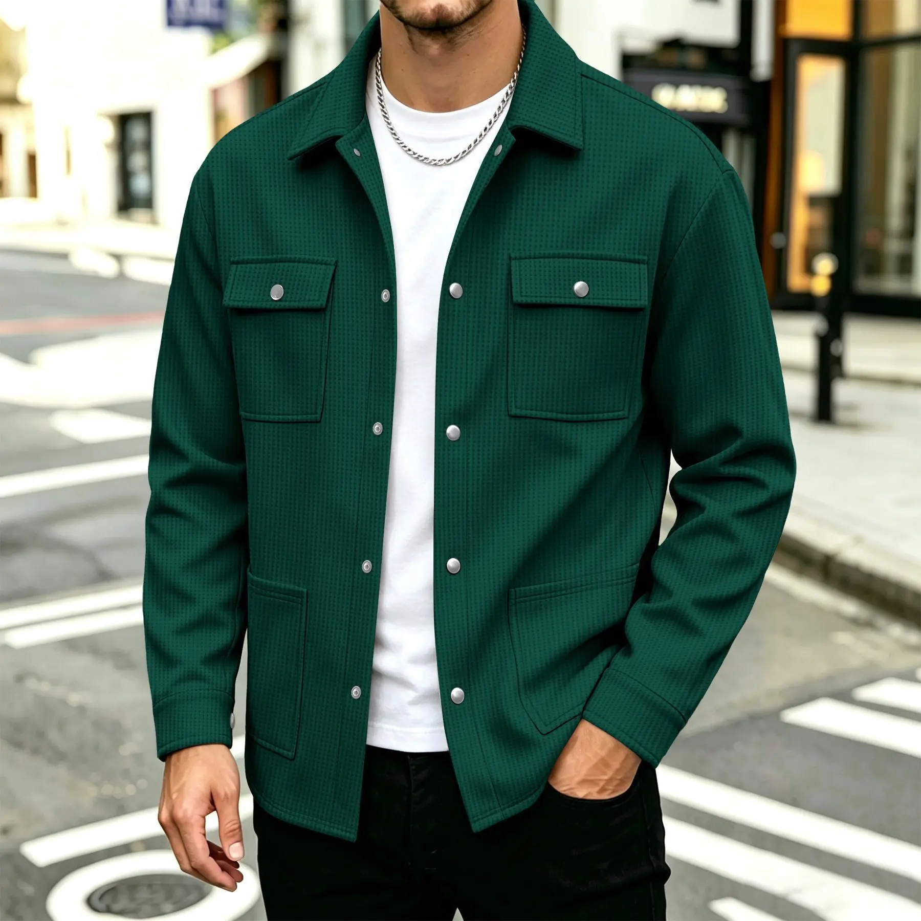 Men's Spring-Autumn Fashion Men's Solid Color Jacket, Multi-Pocket Casual Sports Long-Sleeve Street Outdoor Jacket