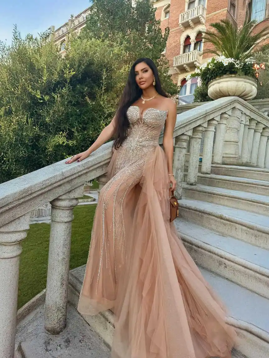 Ontwerper zeemeermin avondjurk strapless kristal kralen galajurken mode mouwloze vloerlengte feestjurken op maat