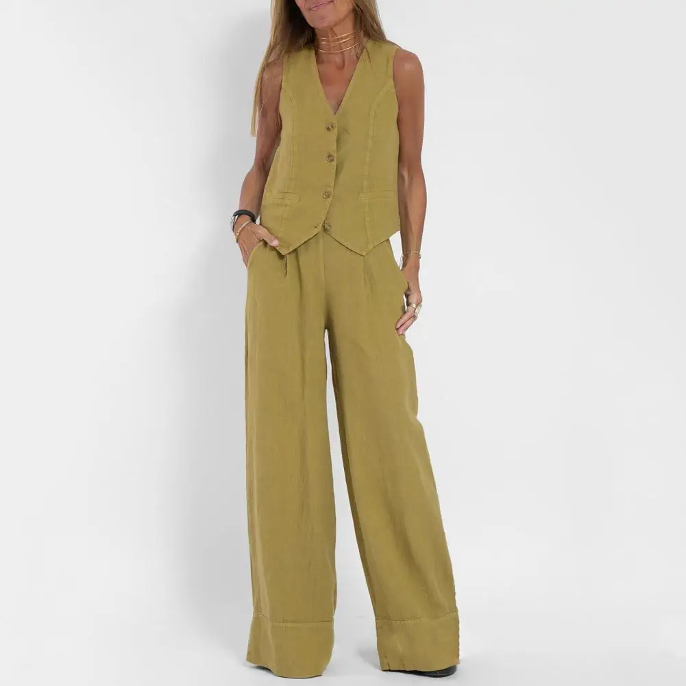 Solid Color Suit Set Fashionable Women\'s Cotton Linen Suit Sleeveless Vest Wide Leg Pants Set for Office or Casual Wear