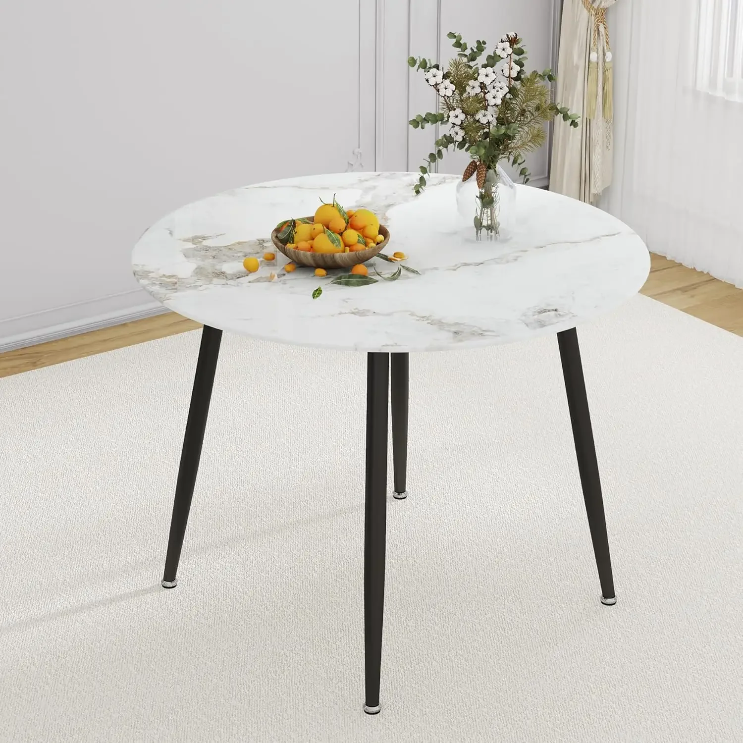 

Round Dining Table - Modern Circular 40" Kitchen Table with White Imitation Marble Top and Durable Metal Legs