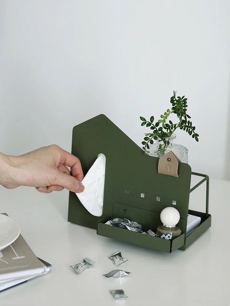 Multifunctional Storage Rack Desktop Tissue Box Dark Green Tissue Holder Iron Hallway Organizing Hole Tray