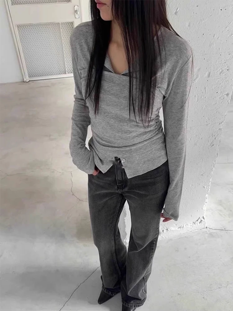 2025 Otoño Invierno mujeres falsas dos piezas moda coreana Top diseño de manga larga 2000s camisetas de Color sólido Coquette Gyaru Y2k nuevo