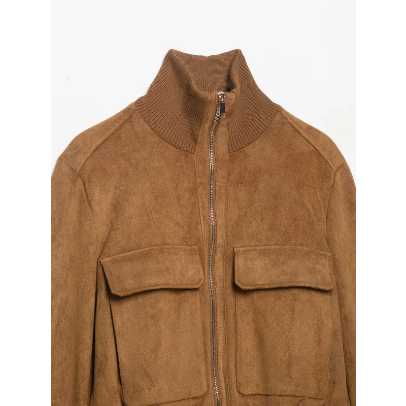Damen-Jacke aus Wildlederimitat, Herbstkollektion, mit geripptem, hohem Kragen, Reißverschluss, langen Ärmeln und Taschen, kurze Vintage-Oberbekleidung. – Detail 12