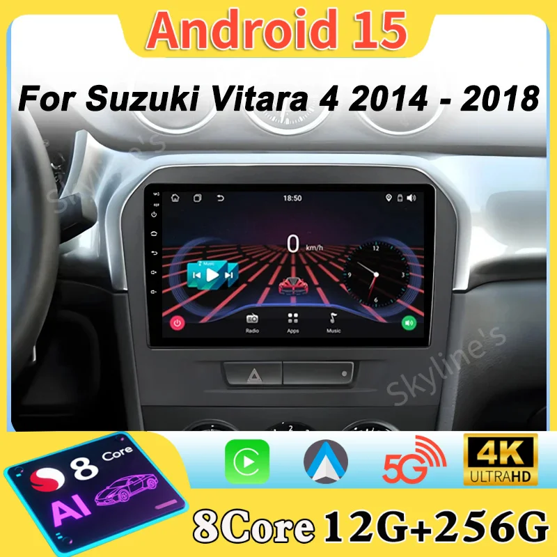 Carplay для Suzuki Vitara 4 2014-2018 Автомобильный экран Android 15 Carplay Стерео Автомобильный радиоприемник GPS-навигация Зеркало Link 8-ядерный