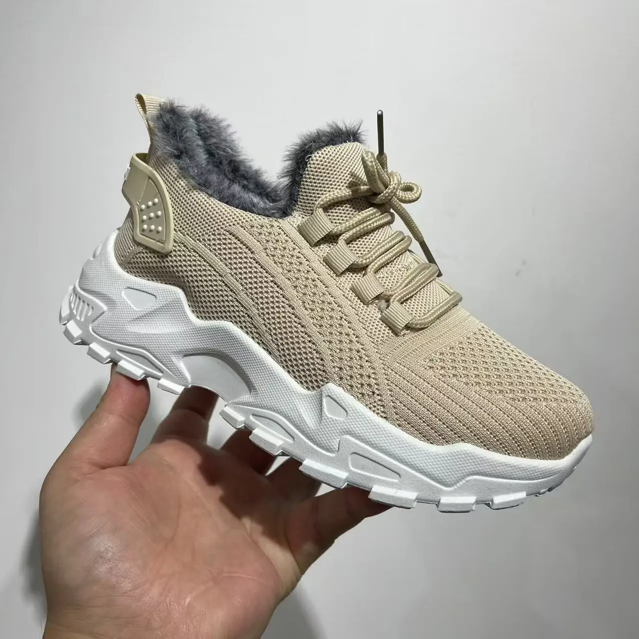 Damen Winter-Thermosneaker aus Strickstoff mit Schnürung, Plüschfutter, rutschfester dicker Plateausohle, Outdoor-Wanderschuhe, Freizeitschuhe – Detail 2