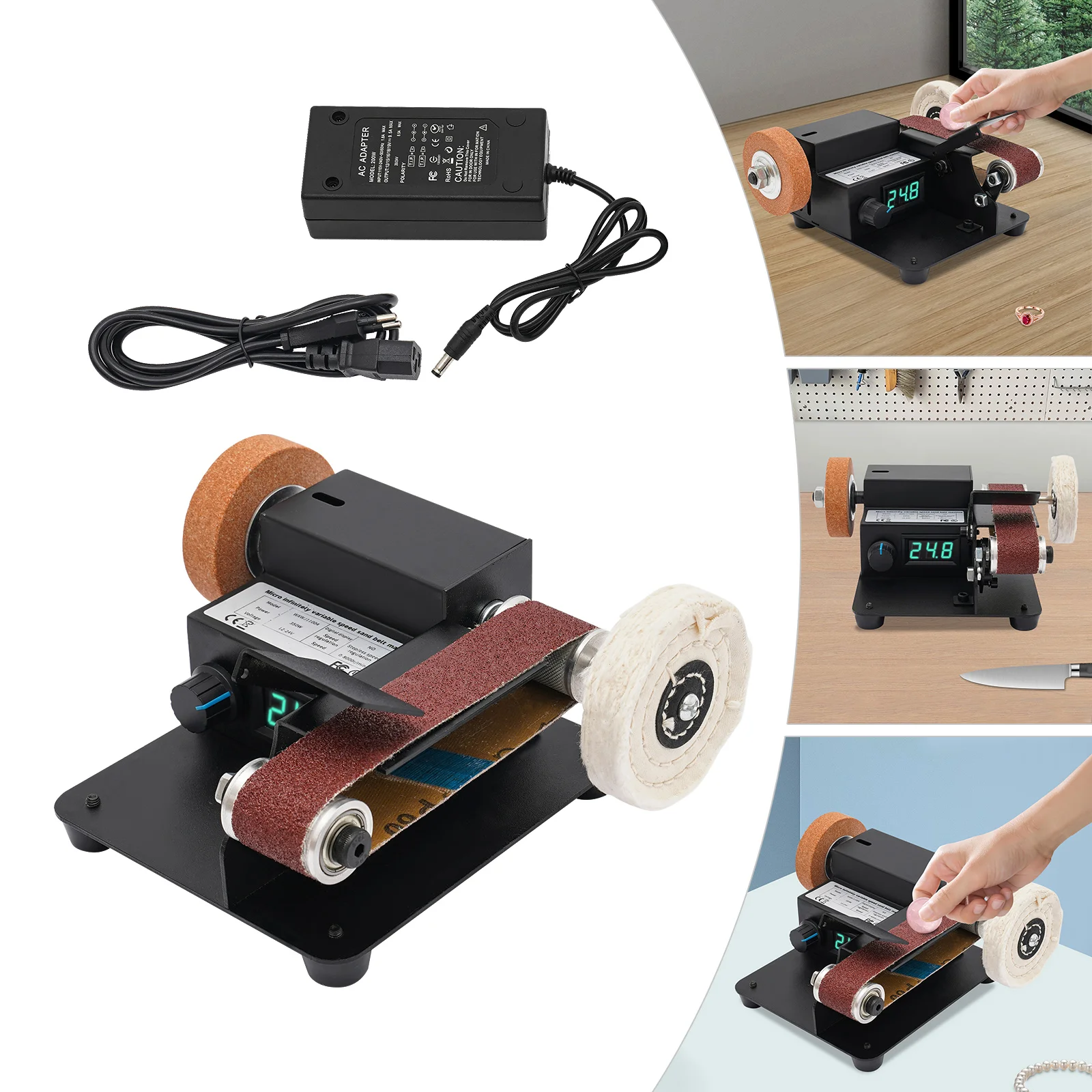 350 W elektrischer Mini-Bandschleifer mit LCD-Display-Typ und 10 x Schleifbändern, 0–10.000 U/min, zum Schleifen und Polieren von Metall, 16 x 14 x 9 cm