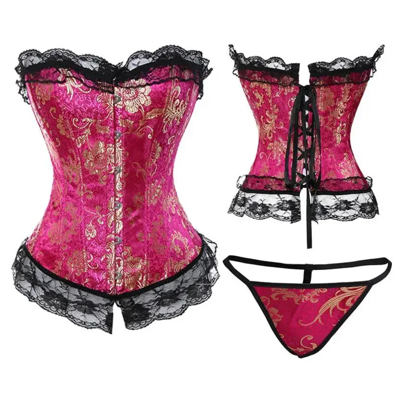 Women Sexy Busier and Corset Top Corselet Floral Lace Trim Overlay Corsets Overbust Burlesque Showgirl Body Shaper Plus Size