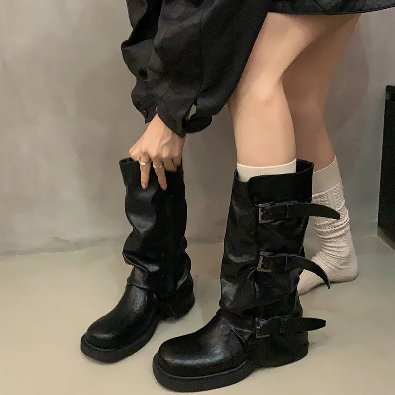 

Belt Buckle Long Knee-High Women Boots Fashion Platform Heels Shoes Autumn Winter Slip On Party Botas Mujer