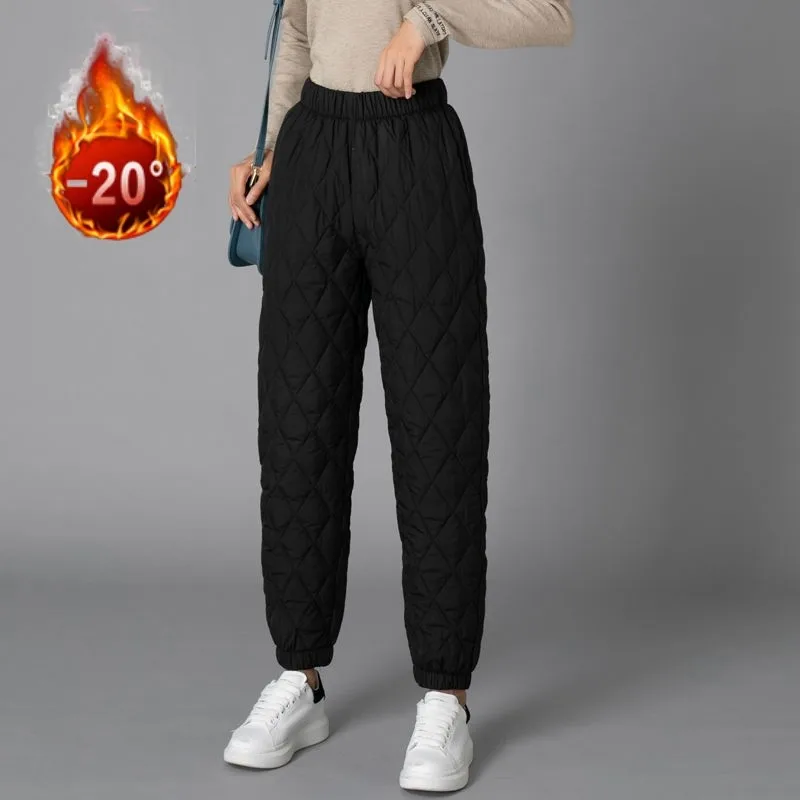 Winter Warm Cotton Women Padded Down  Pants  Quilted Trousers Elastic Waist Casual Trousers