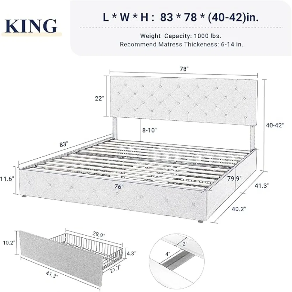 Platform Bed Frame with 4 Storage Drawers and Headboard,  Mattress Foundation with Wooden Slats Support, No Box Spring Needed