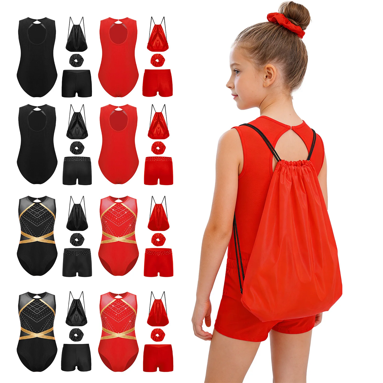 

Kids Girls Rhythmic Dance Gymnastics Figure Skating Outfit Sleeveless Rhinestones Leotard Shorts Hairband and Backpack Dancewear