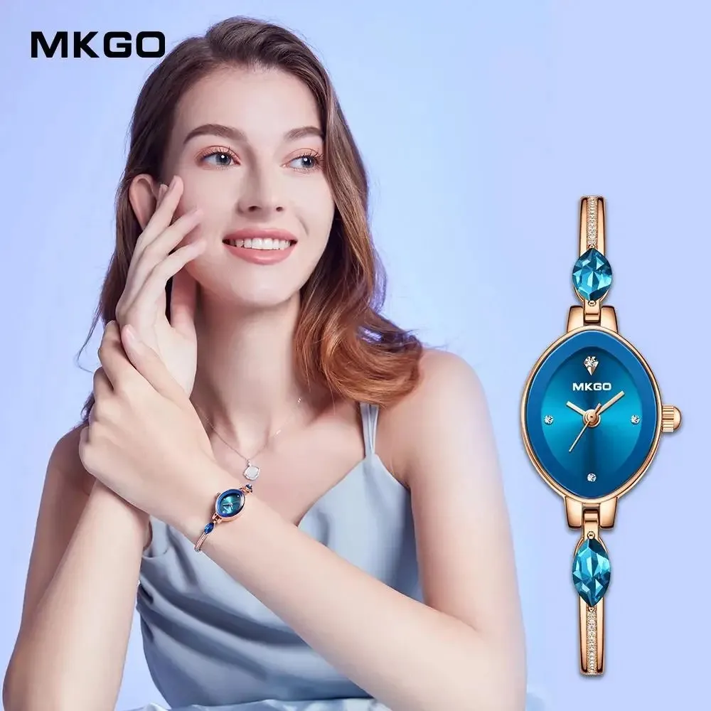 Romantic Blue Ocean Crystal Quartz Watch for Women with Golden Bracelet Diamond Chain Charm Oval Shape Fashion Ladies Wristwatch