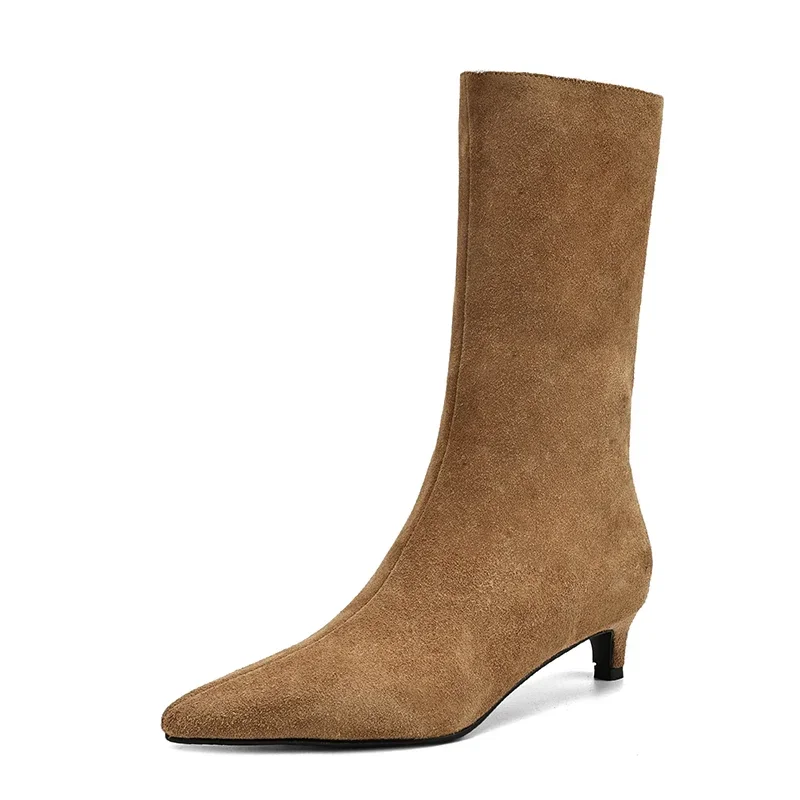 Koe Suede Slip Op Mid Kuit Laarzen Vrouwen Mode Puntschoen Kitten Hakken Laarzen Khkai Bruin Sexy Dames Party Oversized Schoenen