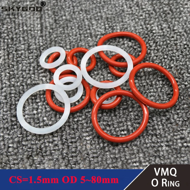 10pcs VMQ White/Red Silicone O Ring Gasket OD 5~80mm CS 1.5mm Food Grade Waterproof Washer Round O Shape Rubber Silicone Ring