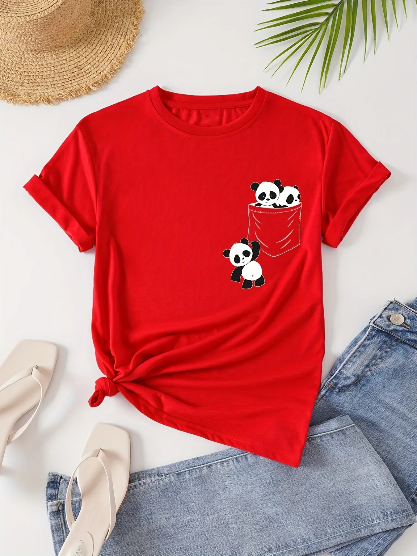 Kaus leher kru motif Panda, T-Shirt lengan pendek kasual untuk Musim Semi & musim panas, pakaian wanita kerah O dasar kasual