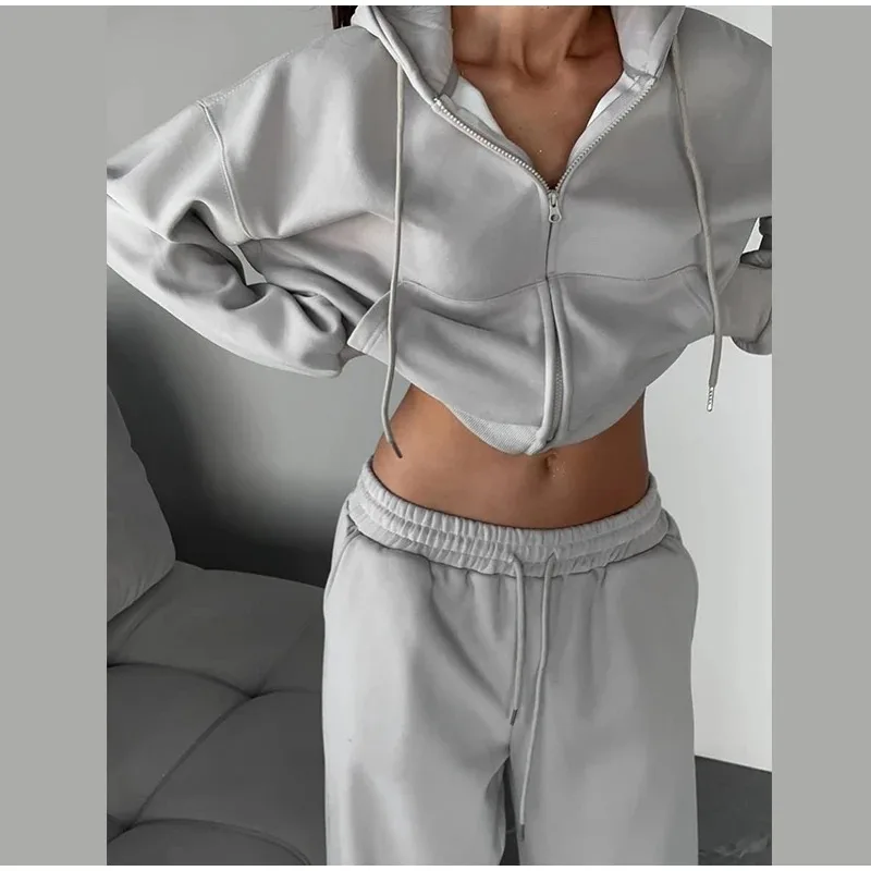 

Casual Hooded Coat Pants Sets Women Loose Solid Pockets Top Wide Leg Pants Lady Suit 2025 Autumn Fashion 2 Pieces Set Female New