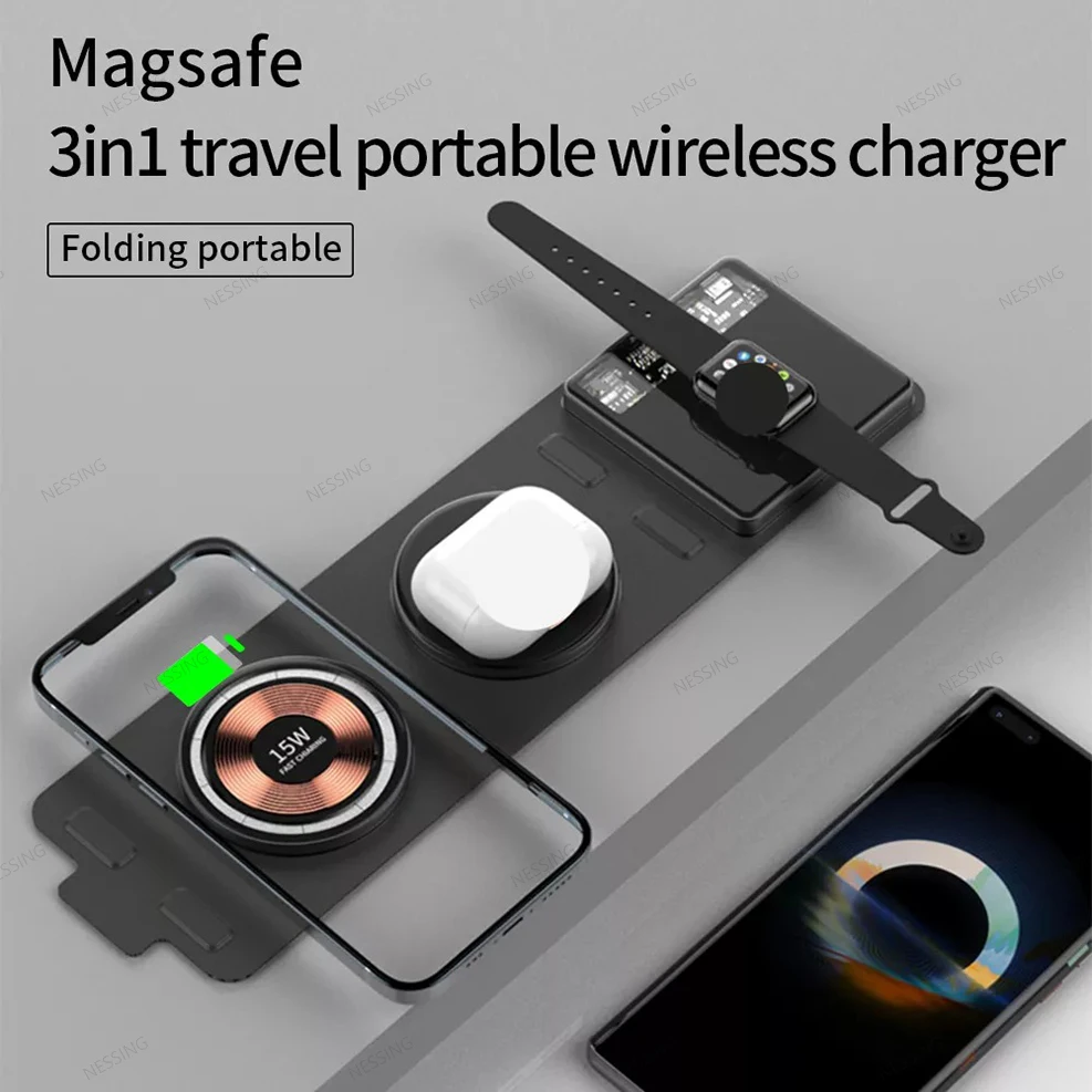 Foldable Transparent Magnetic Qi Wireless Charger Pad For Apple Watch iPhone 13 12 Pro Max 11 AirPods 15W Fast Wireless Charging