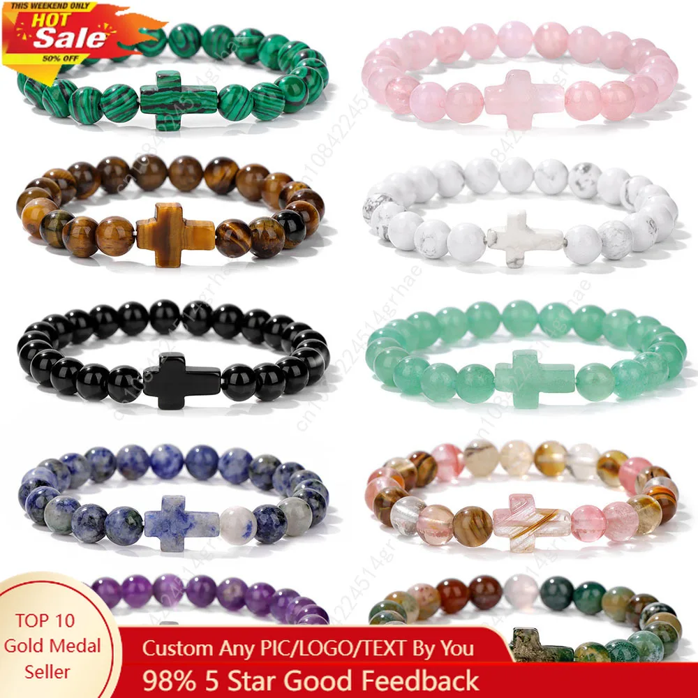 

Natural Stone Cross Bracelets For Men Women Prayer Meditation Rose Quartzs Tiger Eye Onyx Beaded Bracelet Yoga Jewelry Homme