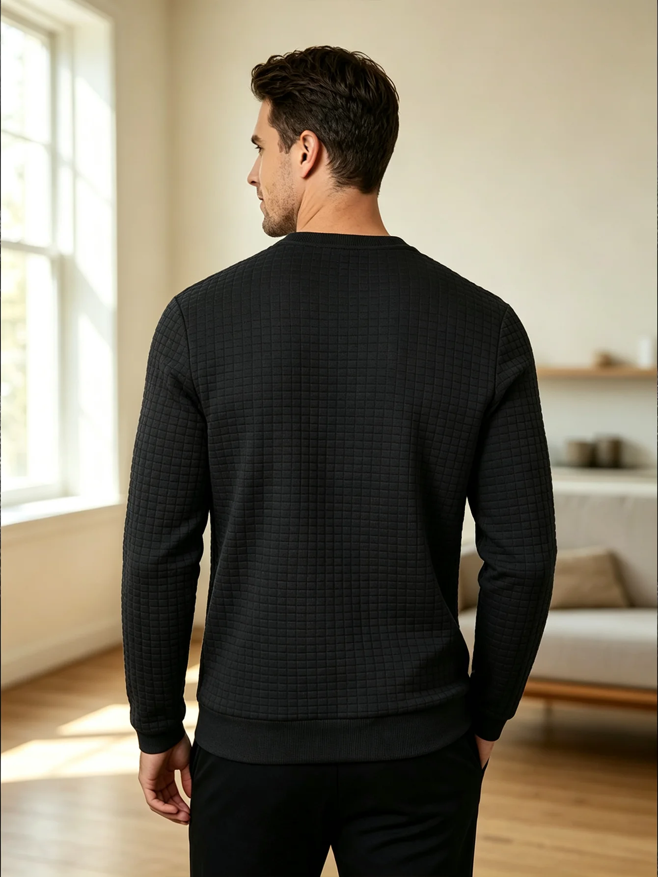 Men Waffle Knit Crew Neck Sweatshirt Solid Black Long Sleeve Square Texture Pullover Casual Autumn Winter Daily Wear Mens Tops