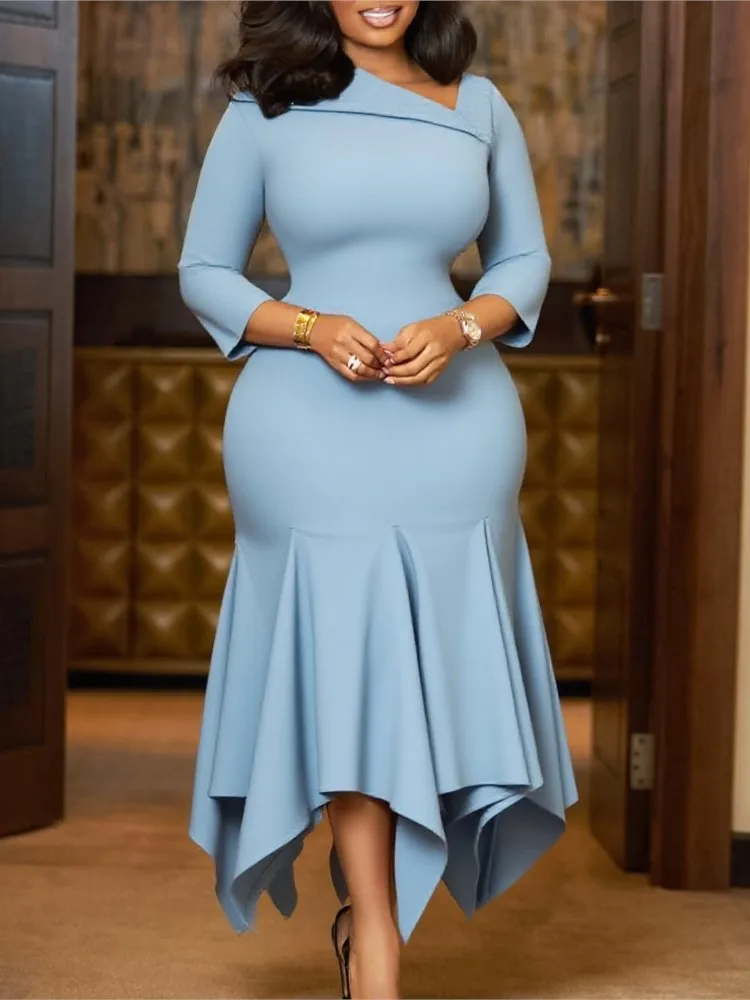 

Solid Color Dress Package Hip Vestidos Irregular Hem Dresses 2025 Woman Three Quarter Sleeves Temperament Slant Collar Commuting