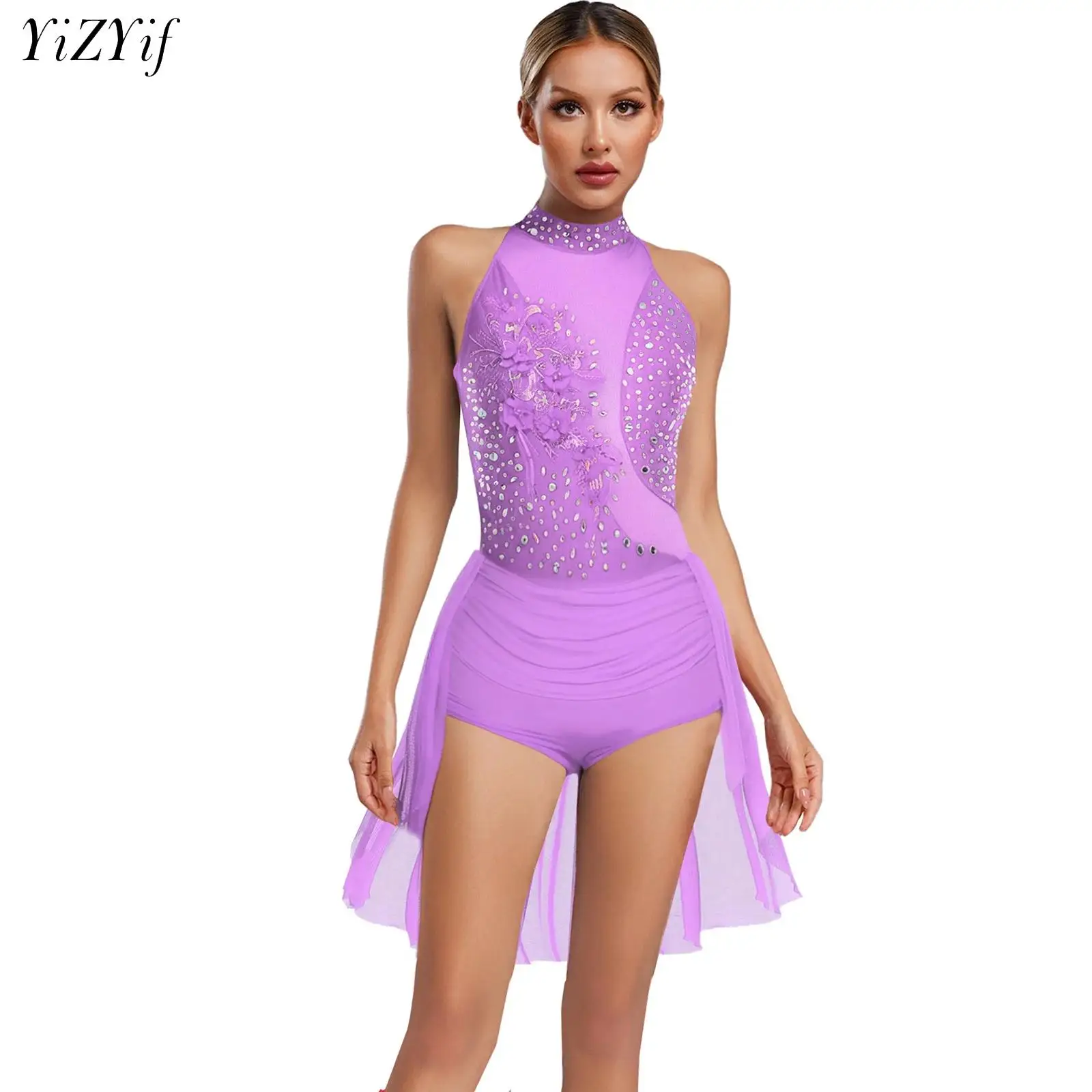 

Womens Applique Ballet Figure Skating Dress Rhinestone Latin Chacha Skirted Leotard Sleeveless Irregular Competition Costumes