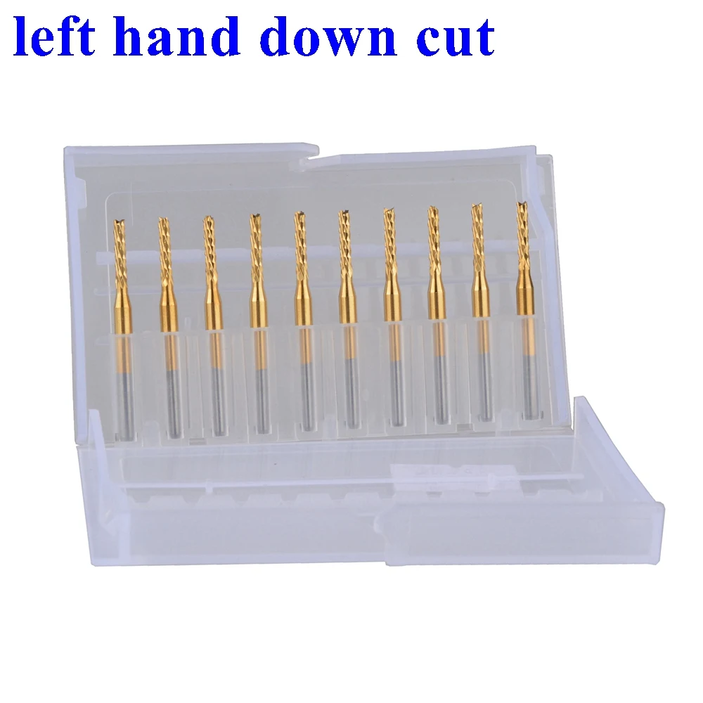 10Pcs Titanium Left Spiral PCB milling cutter down cut Corn end mill Engraving Bit CNC PCB drill bit Set