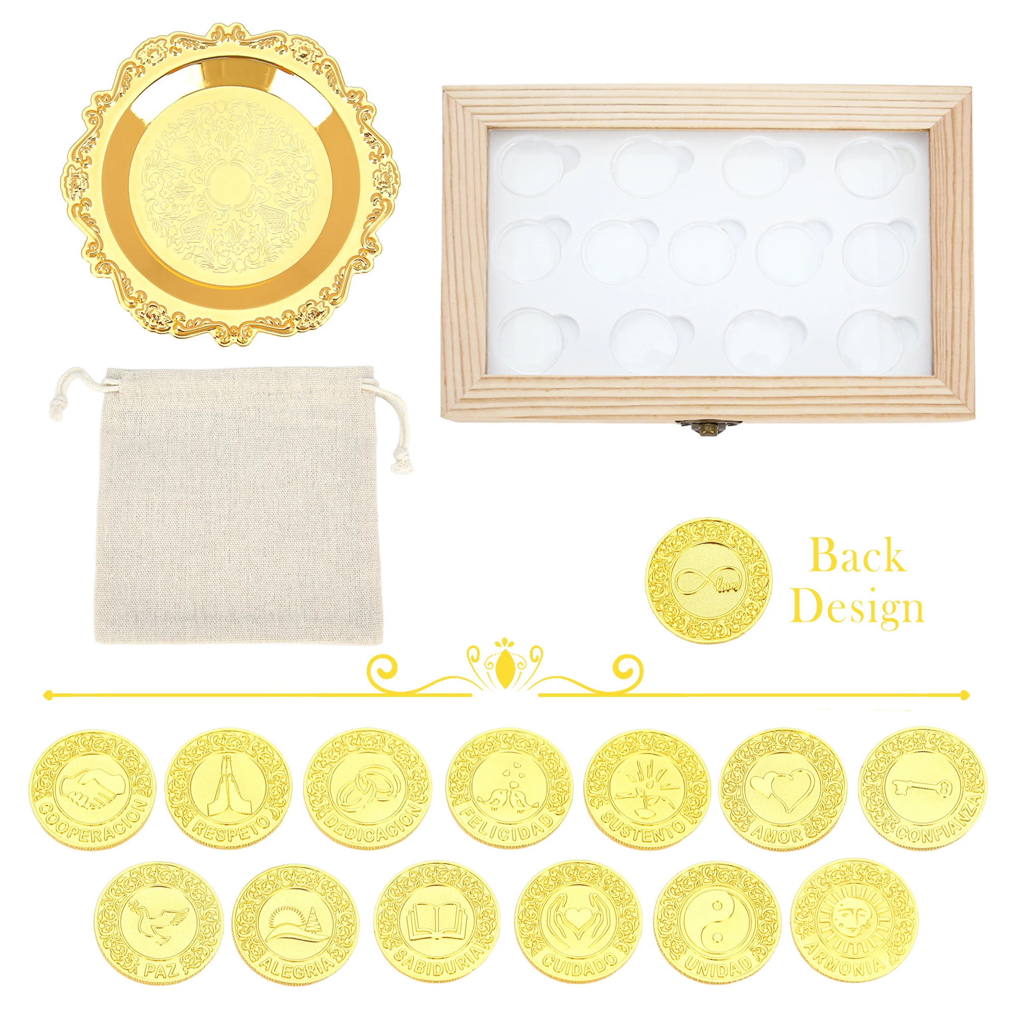 Spanish Wedding Arras Coins Set with Transparent Wooden Display Box for Hispanic Catholic Wedding Ceremony