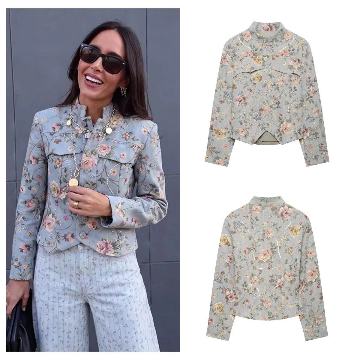 Guobioziy Women's Blazer 2026 Fall New Jacquard Sequin Decorated Blazer Stand Collar Long Sleeve Office Commuter Jacket Blazer