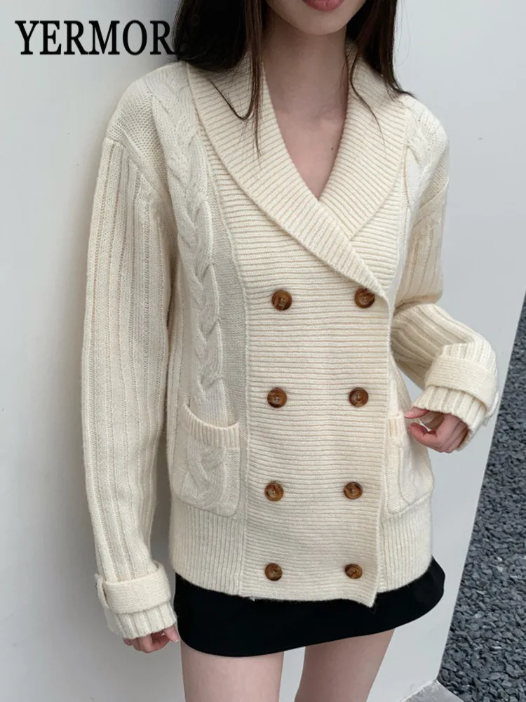 

Женский вязаный кардиган YERMORA бежевого цвета с пуговицами и карманами, с отложным воротником, длинными рукавами, свободного кроя, новый модный свитер, весна-осень 2026