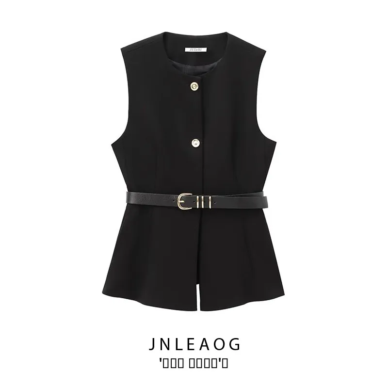 

Faionable Long Fur Vest Women's Design Autumn New Sle JNLEAOG Belted Versatile Polyester Fiber round Ne Vest