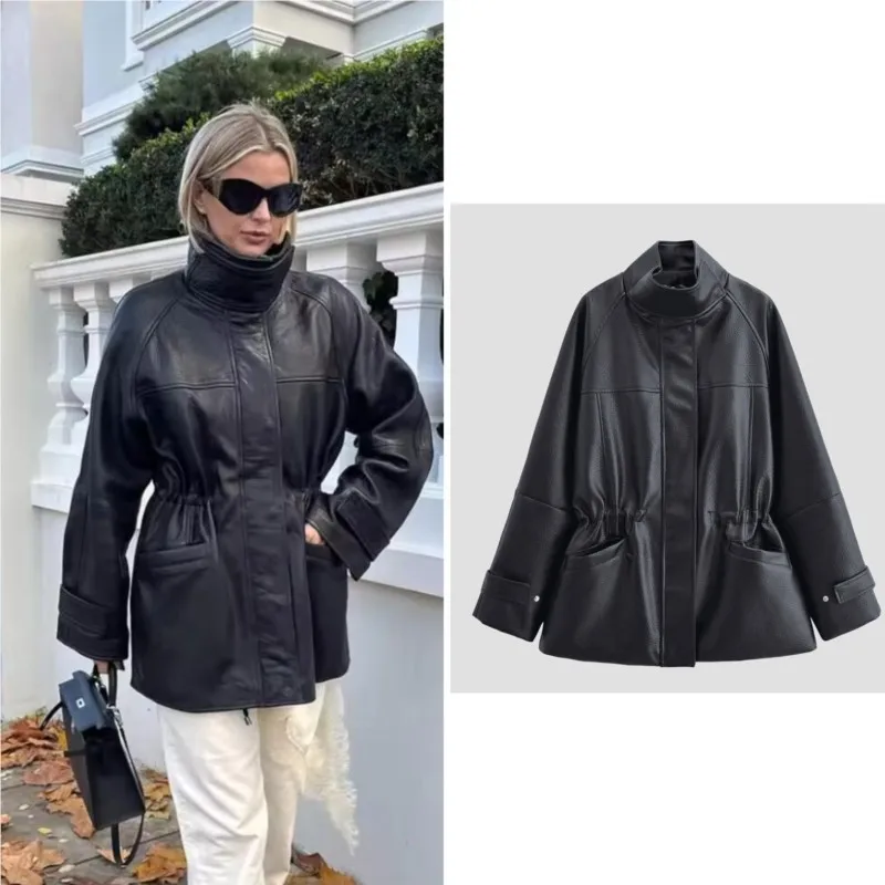 

NERHEFZ women's adjustable waist leather jacket winter casual high neck coats street leather with pockets female chic tops