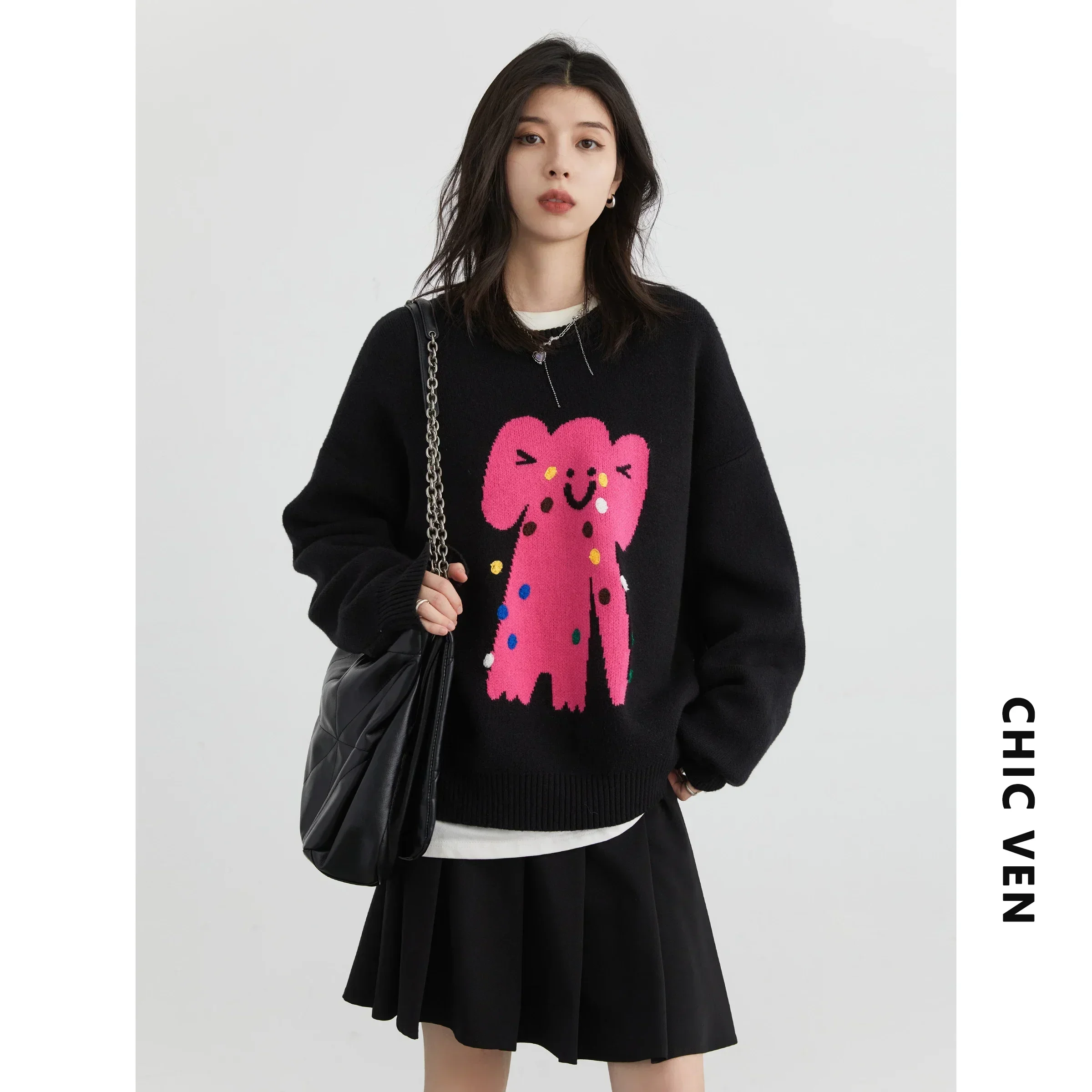 CHIC VEN Women Sweaters Loose Cartoon Animals Embroidered Jacquard Jumpers O Neck Female Knit Pullovers Spring Autumn 2024