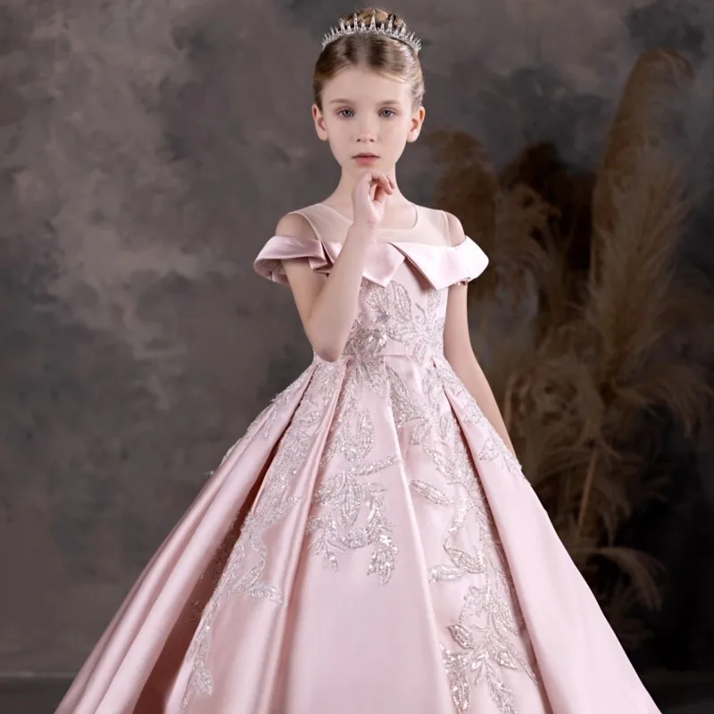 Dreamy Vow Luxury Pink Flower Girl Dress Appliques Sequined Princess Ball Gown for Kids Wedding Birthday Party Pageant J129