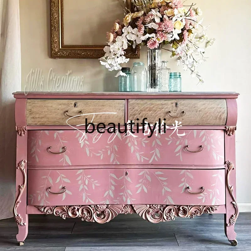 Vintage Solid Wood Carved Chest of Drawers American Style Painted Decorative Cabinet Wall-Mounted Storage Cabinet Pink