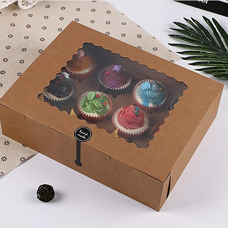 5 Pcs Cupcake Box With Window White Brown Kraft Paper Boxes Dessert Mousse Box 12 Cup Cake Holders